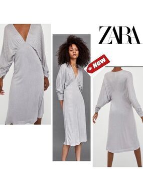 Zara gray silver metallic glitter knit wing sleeve V neck midi dress Sz M NWT